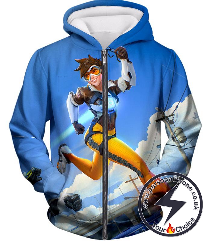 Overwatch Offense Hero Tracer Zip Up Hoodie